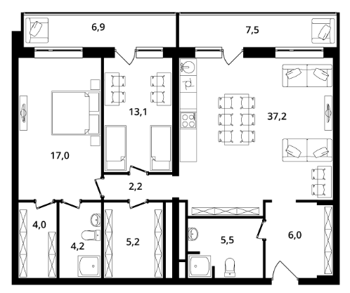 Однокомнатная квартира 94.4 м²
