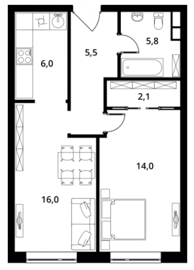 Однокомнатная квартира 49.4 м²